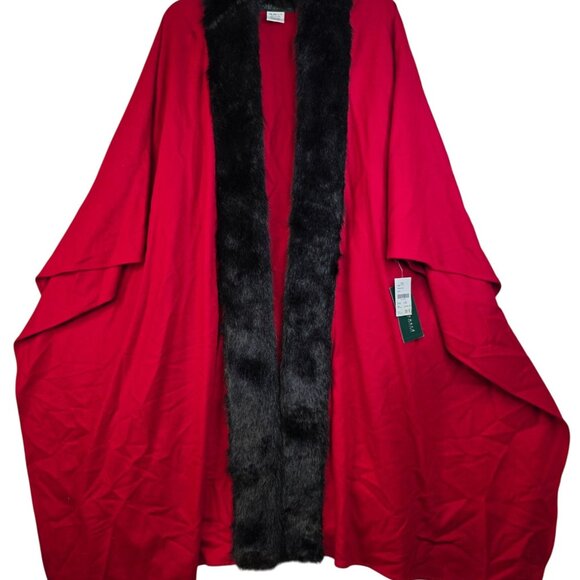 Harve Benard Red Wool Blend Christmas Holiday Cape Black Faux Fur Trim OS - Picture 3 of 7